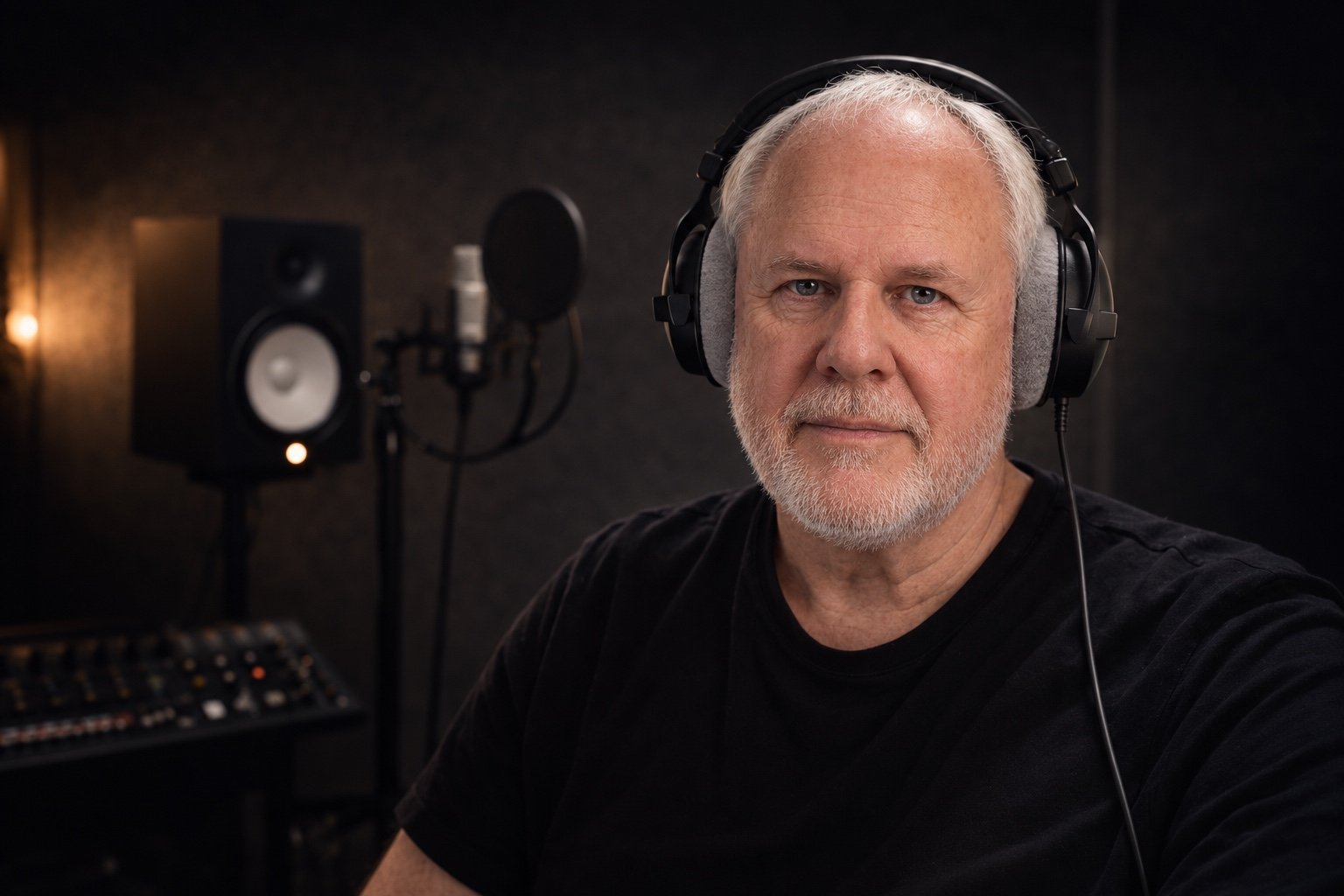 Peter Pickering wearing headphones in the studio